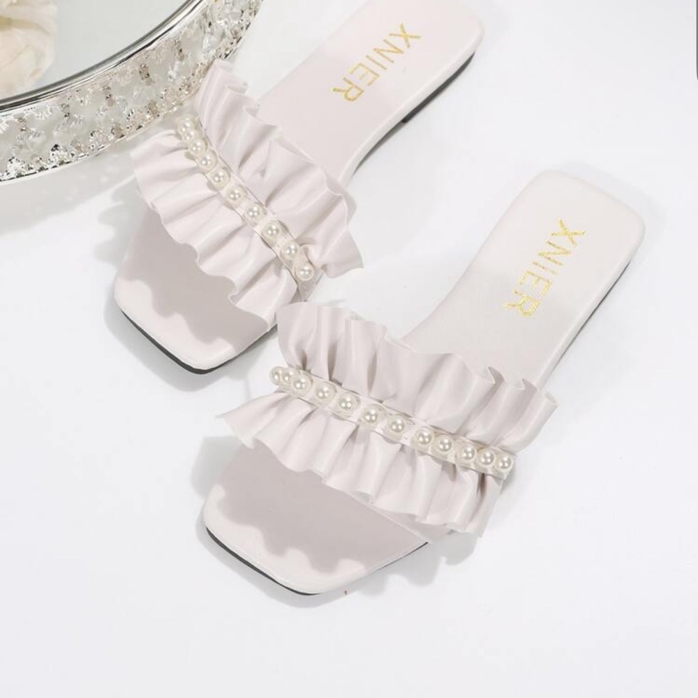Shein White Pearl Ruffle Slide Sandals – Size 8 (39) - Picture 6 of 7